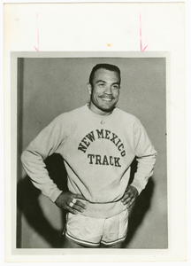 Contact print of Dick Howard wearing New Mexico Track sweatshirt