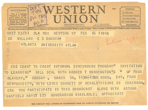 Telegram from Columbia Broadcasting System to W. E. B. Du Bois