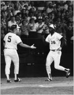 Atlanta Braves' Gary Matthews being congratulated after hitting a home run, 1979