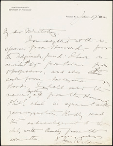 Thumbnail for Baldwin, James Mark, 1861-1934 autograph letter signed to Hugo Münsterberg, Princeton, N.J., 17 January 1902