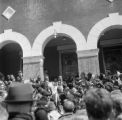 Martin Luther King Jr. speaking to a crowd gathered in front of Brown Chapel AME Church in Selma, Alabama, before the start of the Selma to Montgomery March.