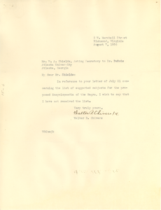 Letter from Walter R. Chivers to W. A. Shields