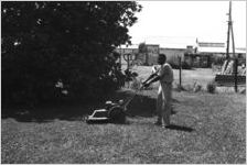 African-American man mowing yard