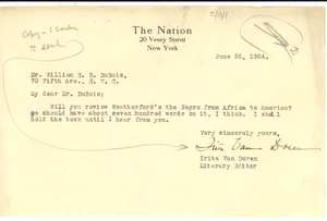 Letter from The Nation to W. E. B. Du Bois