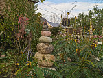 Stewart Melrose, an interior designer and historical preservationist in Fenton, Michigan, picked up a love of ornamental gardening from his father and mother, Howard and Sonya Melrose. Together, they created and regularly expand a remarkable garden beside the parents' home. It includes tropical flowers collected around the world, stacked stone piles called "cairns" (shown), and larger rock sculptures, one of which occasionally erupts with smoke like a volcano. The Melroses consider their creation a community garden, open to all