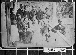 Photograph of Seaborn Kelley family members on porch of his home, Tennille, Washington County, Georgia, ca. 1882