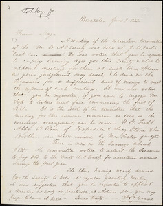 Letter from J.H. Crane, Worcester, [Massachusetts], to Samuel May, 1852 June 9