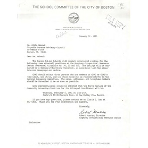 Letter, Citywide Parents' Advisory Council, January 30, 1981.