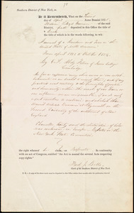 Thumbnail for Copyright certificate for title of book, from William Lloyd Garrison, Southern District of New York, Second day of April Anno Domini 1835