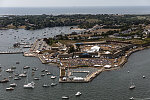 Aerial view of the grounds of the Newport Jazz Festival in Newport, on Aquidneck Island in the U.S. state of Rhode Island