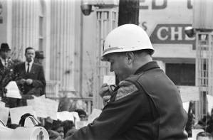 Sheriff Jim Clark speaking to marchers at the Dallas County Courthouse during a voting rights demonstration in Selma, Alabama.