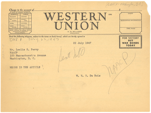 Telegram from W. E. B. Du Bois to Leslie Perry