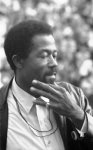 Eldridge Cleaver, Minister of Information for the Black Panther Party and presidential candidate for the Peace and Freedom Party speaking at the Woods-Brown Outdoor Theatre, American University