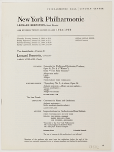 New York Philharmonic Printed Program (Subscription Season Subscription Season Subscription Season Subscription Season), Jan 09, 1964; Jan 10, 1964; Jan 11, 1964; Jan 12, 1964 at Philharmonic Hall Philharmonic Hall Philharmonic Hall Philharmonic Hall in Manhattan, NY Manhattan, NY Manhattan, NY Manhattan, NY; Leonard Bernstein, conductor.