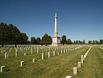 View of the Mound City National Cemetery in Mound City, Illinois. During the American Civil War, Mound City was the site of a naval hospital. The cemetery was used to inter both Union and Confederate soldiers who died while under care there. (Mound City lies in extreme southern Illinois across the Ohio River from Kentucky, a border state sympathetic to the southern confederacy during the Civil War. Many battles were fought in the area)