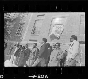 Members of the Afro-American Organization at Brandeis University gather in front of Ford Hall to make a statement that Black instructors should teach Black oriented courses