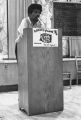 Arnold Mitchem addresses students during orientation, 1970