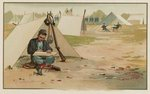 [Union soldier making a drawing while sitting in front of tent at army camp]