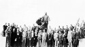 Unidentified group of men with Booker T. Washington Statue, Tuskegee Institute