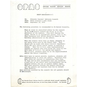 Thumbnail for Citywide Parents' Advisory Council memo, September 22, 1975.