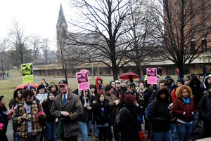 Justice for Jason rally at UMass Amherst: protesters outside the Student Union Building in support of Jason Vassell