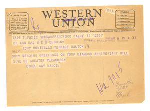 Telegram from Ethel Ray Nance to W. E. B. and Nina Du Bois