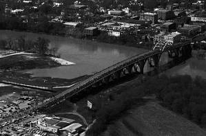 Aerial view of marchers on the Edmund Pettus Bridge in Selma, Alabama, on the first day of the Selma to Montgomery March.