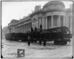 Railroad cars carry DeForest Wireless Telegraph towers to construction site