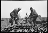 Workers unloading rail sections from flat car, Western Avenue rail yards, Chicago, 1948