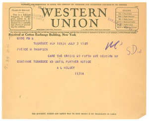 Telegram from Tuskegee Normal and Industrial Institute to Crisis