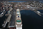 An October 2017 aerial view of a mammoth cruise ship, docked in the Portland, Maine, harbor. These behemoths typically head north in temperate months, for and into Canada