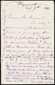 Letter from Maria Weston Chapman, Weymouth, [Mass.], to Francis Jackson Garrison, Aug. 9th, 1881