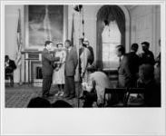 Thumbnail for Little Rock Nine students talking to reporters in City Hall, New York, NY, 1958