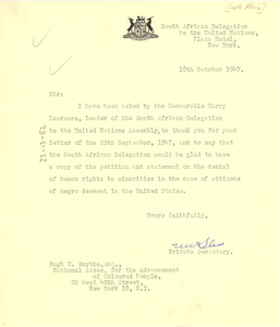 Thumbnail for Letter from South African Delegation to the United Nations to Hugh H. Smythe