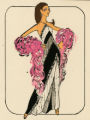 Costume design drawing, showgirl in a black and white evening gown with magenta feather boa, Las Vegas, June 5, 1980