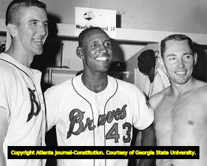 Atlanta Braves' players in the clubhouse after winning the NL West Championship game, 1969