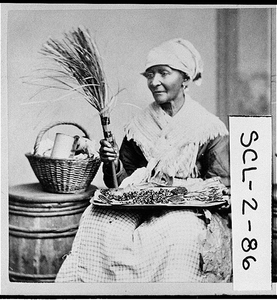 Stereoview of an artistic pose of an African American woman holding a hand made broom and a wooden platter with dates or olives, Charleston, Charleston County, 1874 Apr. 24