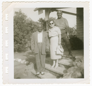 Digital image of two men and a woman at the Taylor home on Martha's Vineyard