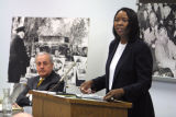 Maxine Aldridge White speaks at a 50th anniversary of Brown vs. Board of Education Conference, April 8, 2004