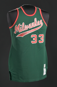 Jersey for the Milwaukee Bucks worn and signed by Kareem Abdul-Jabar