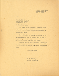 Letter from W. A. Shields to Hallie E. Queen