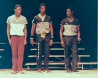 Jonathan Baxter, Mike Nice, and Myron Moye stand in dance line at Hartford Stage