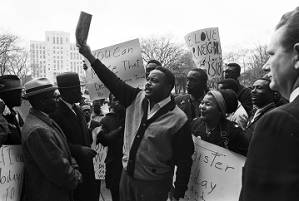 Hosea Williams speaking to demonstrators at a voter registration rally outside the Jefferson County courthouse in Birmingham, Alabama.