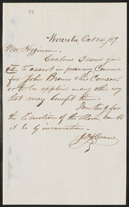 Thumbnail for John H. Crane autograph note signed to Thomas Wentworth Higginson, Worcester, 24 October [18]59