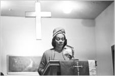 Coretta Scott King speaking to an audience of women at Hall Street Baptist Church in Montgomery, Alabama.