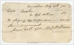 Receipt for payment from John Cocke to W. L. Williams, Greensboro, Alabama, May 29, 1850