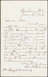 Letter from George Washington Julian, Washington, [D.C.], to William Lloyd Garrison, Jan[uary] 18, 1862