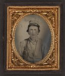 [Unidentified young soldier in Confederate kepi and vest with small book in pocket, possibly a Bible]