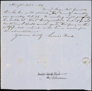 Letter from Lewis Ford, Abington, [Massachusetts], to Samuel May, 1851 Oct[ober] 1