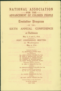 National Association for the Advancement of Colored People tentative program of the sixth annual conference at Baltimore May 3, 4, and 5, 1914.